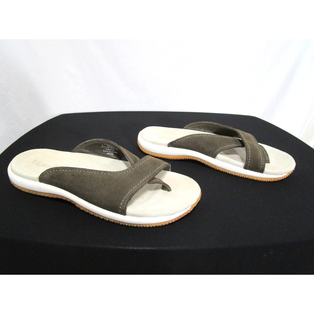 L.L. Bean Olive Green Suede Leather Toe Loop Slide Sandals Women Sz 8 - Picture 4 of 11